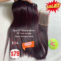 2pcs 10" and 10" 4x4 closure Bone straight double drawn wine color hair