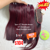 3pcs 12" and 12" 2x6 closure Bone straight double drawn wine color hair