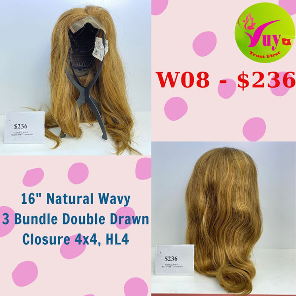 16" Wig Natural Wavy, Closure 4x4, Double Drawn, HL4, Raw hair (W08)
