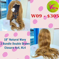 18" Wig Natural Wavy, Closure 4x4, Double Drawn, HL4, Raw hair (W09)