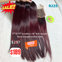 17"18"19" and 16" 4x4 closure Bone straight double drawn ombre wine color hair