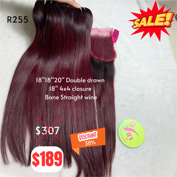 18"18"20" and 18" 4x4 closure Bone straight double drawn wine color hair