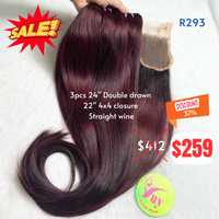 3pcs 24" and 22" 4x4 closure Straight double drawn wine color hair