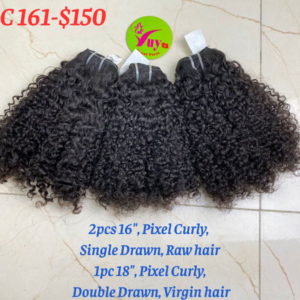 2pcs 16" Pixel Curly, Single Drawn, Raw hair and 1pc 18" Pixel Curly, Double Drawn, Virgin hair (C161)