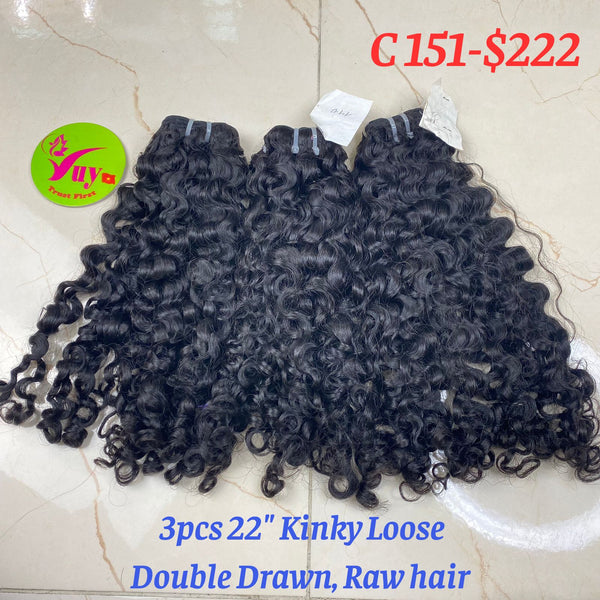 3pcs 22" Kinky Loose, Double Drawn hair, Raw hair (C151)