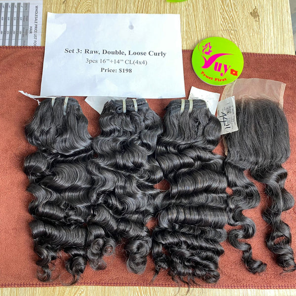 3pcs 16" and 14" Closure 4x4 Loose Curly, Double Drawn, Raw hair (R01)