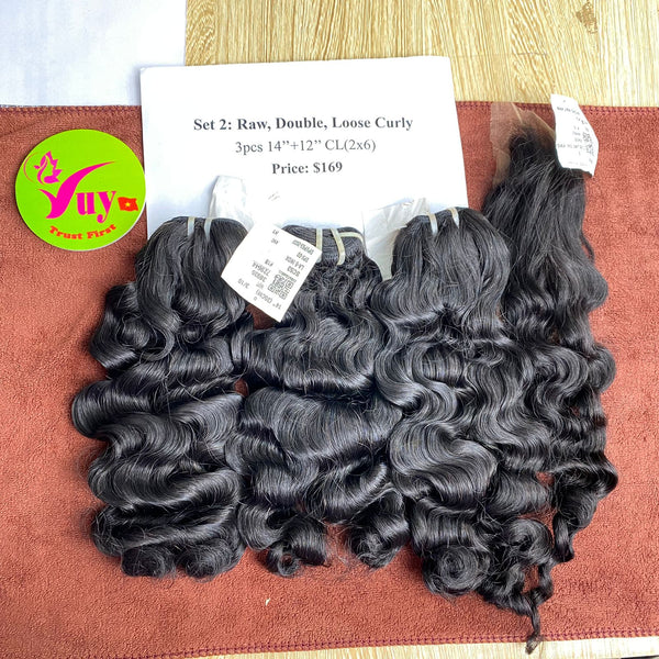 3pcs 14' and 12" Closure 2x6 Loose Curly, Double Drawn, Raw hair (R04)