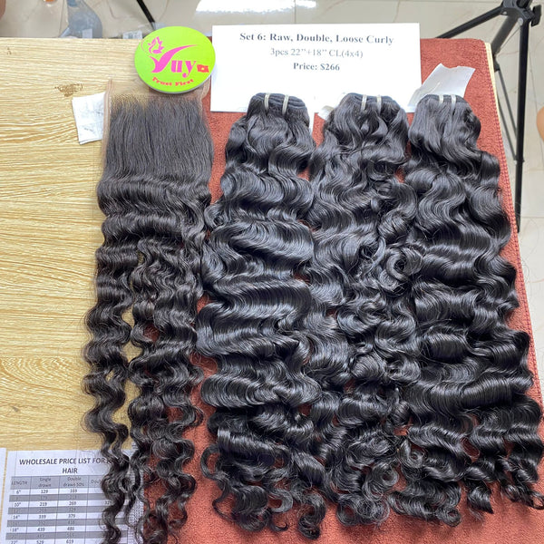 3pcs 22" and 18" Closure 4x4 Loose Curly, Double Drawn, Raw hair (R06)