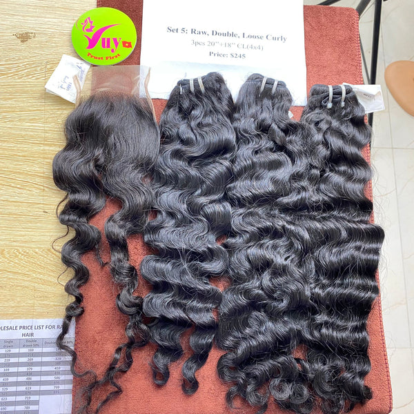 3pcs 20" and 18" Closure 4x4 Loose Curly, Double Drawn, Raw hair (R08)