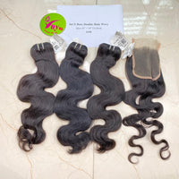 3pcs 16" and 14" Closure 4x4 Body Wavy, Double Drawn, Raw hair (R11)