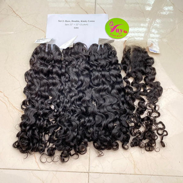 3pcs 22" and 22" Closure 4x4 Kinky Loose, Double Drawn, Raw hair (R10)