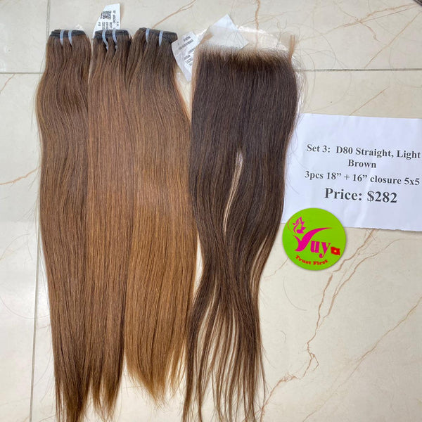 3pcs 18" and 16" Closure 5x5 Light Brown Straight, Single Donor hair (R18)