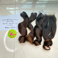 1pc 16" and 2pcs 20" and 18" Closure 5x5 Natural Wavy, Brown Tips, Single Donor hair (R22)
