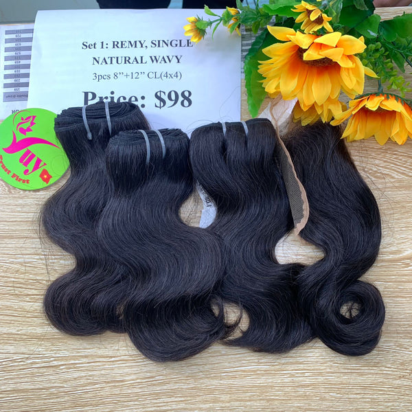 3pcs 8" and 12" Closure 4x4 Natural Wavy, Single Drawn, Remy hair (R28)