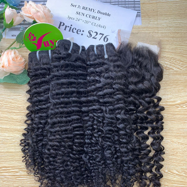 3pcs 24" and 20" Closure 4x4 Sun Curly, Double Drawn, Remy hair (R31)