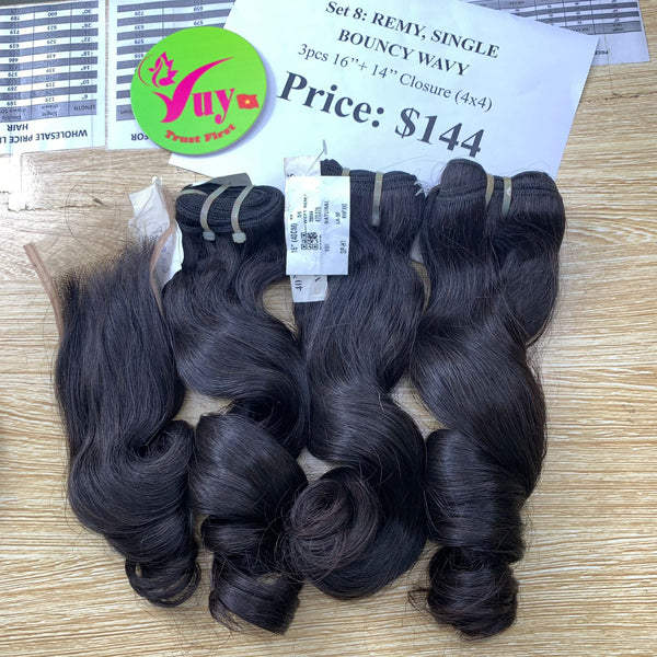 3pcs 16" and 14" Closure 4x4 Bouncy Wavy, Single Drawn, Remy hair (R34)