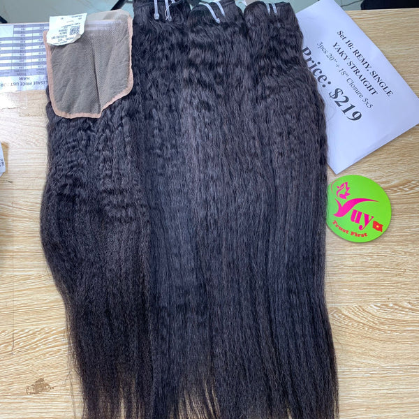 3pcs 20" and 18" Closure 5x5 Yaky Straight, Single Drawn, Remy hair (R35)