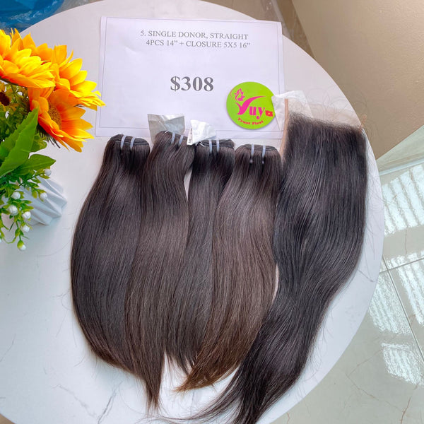 4pcs 14" and 16" Closure 5x5, Straight, Donor 80, Single Donor hair (R56)