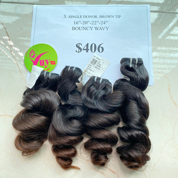 16"-20"-22"-24" Bouncy Funmi, Brown Tip, Donor 80, Single Donor hair (R55)
