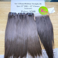 3pcs 12" and 12" Closure 5x5, Bone Straight, Donor 80, Single Donor hair (R60)