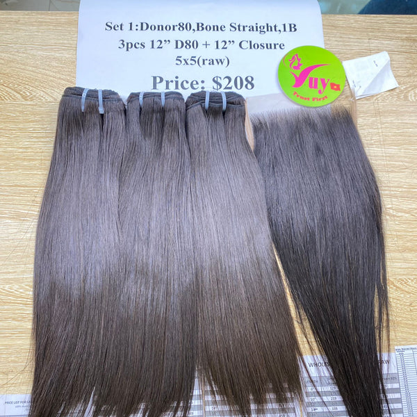 3pcs 12" and 12" Closure 5x5, Bone Straight, Donor 80, Single Donor hair (R60)