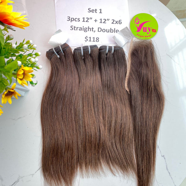 3pcs 12" and 12" Closure 2x6 Brown Straight, Double Drawn, Raw hair (R46)