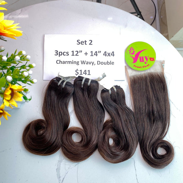 3pcs 12" and 14" Closure 4x4 Charming Wavy, Double Drawn, Raw hair (R47)