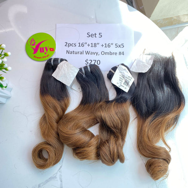 2pcs 16", 1pc 18" and 16" Closure 5x5 Natural Wavy, Ombre, Double Drawn, Raw hair (R50)