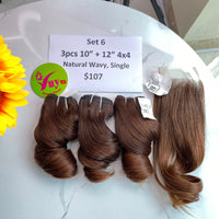 3pcs 10" and 12" Closure 4x4, Natural Wavy, Single Drawn, Raw hair (R52)