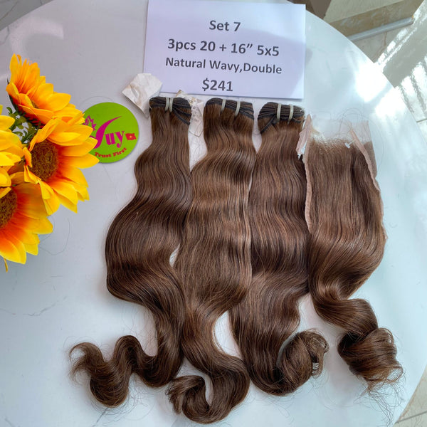 3pcs 20" and 16" Closure 5x5, Natural Wavy, Double Drawn, Raw hair (R51)