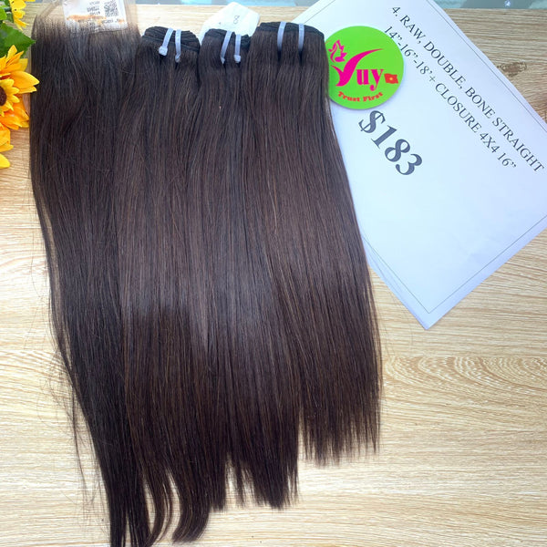 14", 16", 18" and 16" Closure 4x4 Bone Straight, Double Drawn, Raw hair (R61)