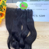 3pcs 16" and 16" Closure 4x4 Straight, Super Double Drawn, Raw hair (R63)