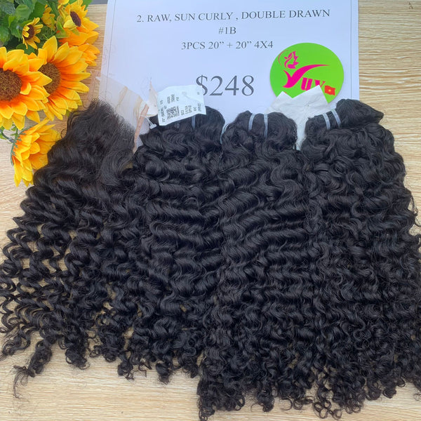 3pcs 20" and 20" Closure 4x4 Sun Curly, Double Drawn, Raw hair (R65)