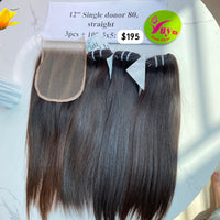 3pcs 12" and 10" Closure 5x5 Straight, Single Donor hair (only October)