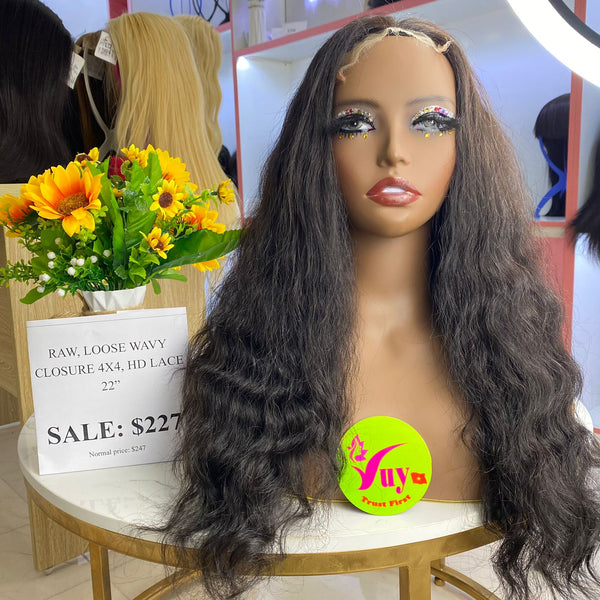 22" Wig Loose Wavy, Closure 4x4 HD Lace, Double Drawn, Raw hair (W53)