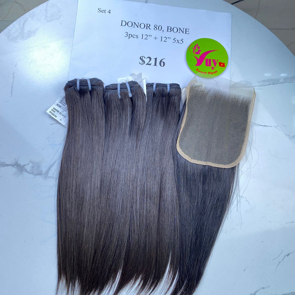 3pcs 12" and 12" Closure 5x5 Straight, Donor 80, Single Donor hair (BF12)