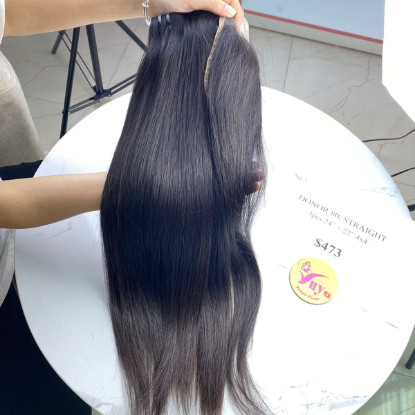 3pcs 24" and 22" Closure 4x4 Straight, Donor 80, Single Donor hair (BF14)