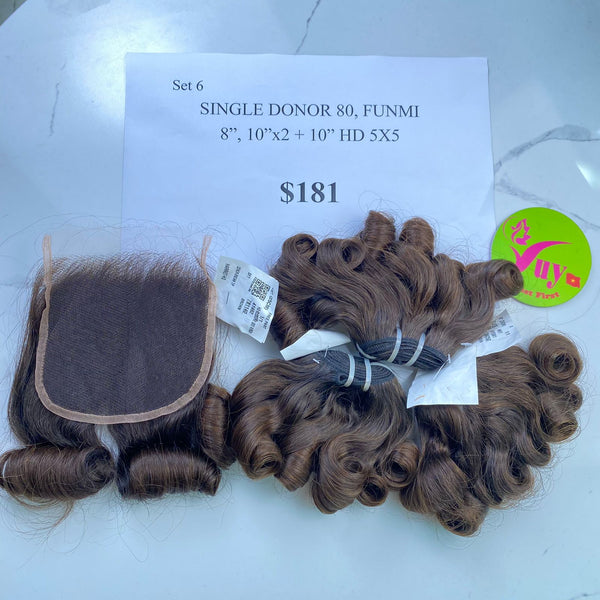 8" + 2pcs 10" and 10" Closure 5x5 HD Lace Bouncy Funmi, Donor 80, Single  Donor hair (BF15)