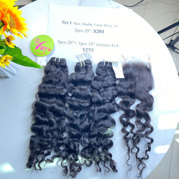 3pcs 20" and 18" Closure 4x4 Loose Wavy, Double Drawn, Raw hair (R83)