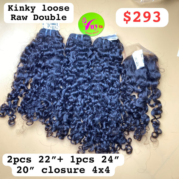 2pcs 22" and 24" and 20" Closure 4x4 Kinky Loose, Double Drawn, Raw hair (R92)