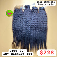 3pcs 20" and 18" Closure 4x4 Yaky Straight, Single Drawn, Remy hair (R93)