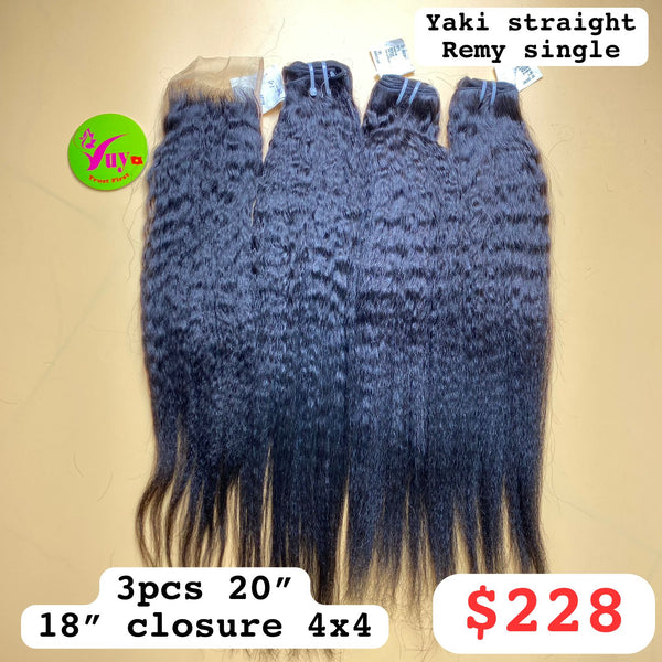 3pcs 20" and 18" Closure 4x4 Yaky Straight, Single Drawn, Remy hair (R93)
