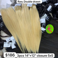 3pcs 14" and 12" Closure 5x5 Blonde Straight, Double Drawn, Raw hair (R94)