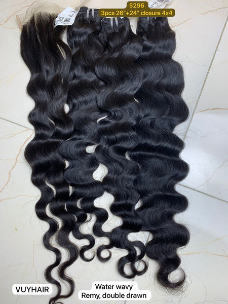3pcs 20" and 24" Closure 4x4 Water Wavy, Double Draw, Remy hair (R103)