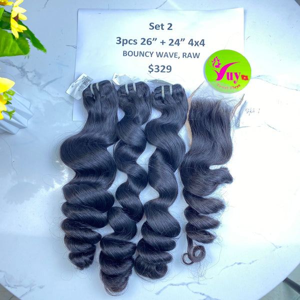 3pcs 26" and 24" Closure 4x4 Bouncy Wavy, Double Drawn, Raw hair (R105)