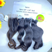 3pcs 14" and 14" Closure 4x4 Natural Wavy, Donor 80, Single Donor hair (R107)