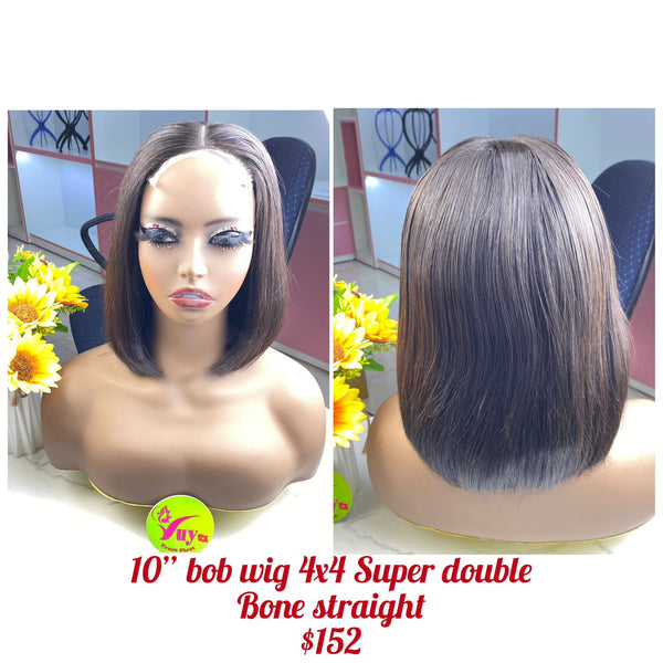 10" Bob Wig Closure 4x4 Bone Straight, Super Double Drawn, Virgin hair (W63)