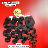 3pcs 14" and 14" Closure 4x4 Body Wavy, Double Drawn, Raw hair (R108)
