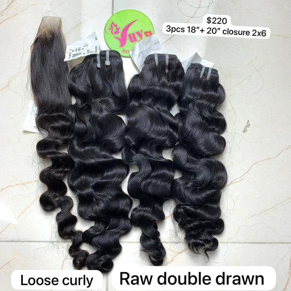 3pcs 18" and 20" Closure 2x6 Loose Curly, Double Drawn, Raw hair (R113)