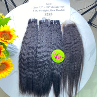 3pcs 22" and 20" Closure 4x4 Yaky Straight, Double Drawn, Raw hair (R121)